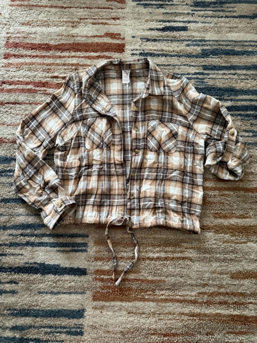 Cropped Plaid Button-Up Shirt — Brown & Cream